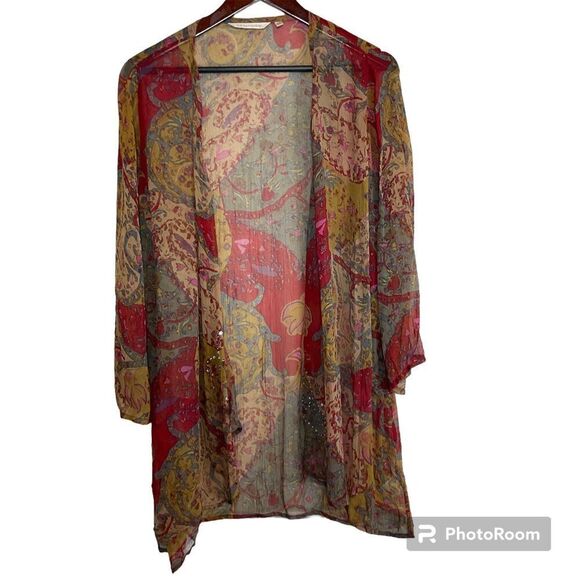 Soft Surroundings Fall Color Sz S M Kimono Crinkle Open Front Paisley Sequin Top - Picture 1 of 12
